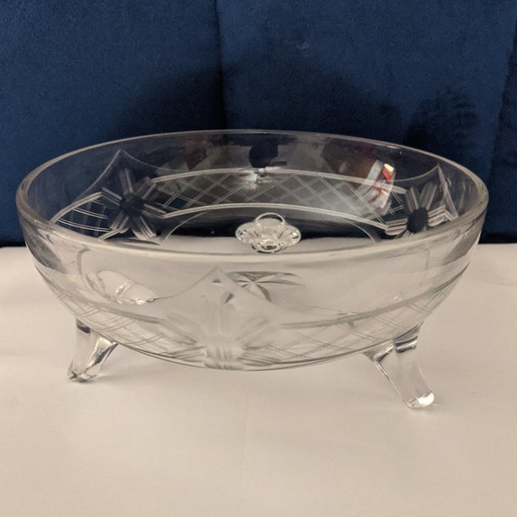 3/$10 Footed Bowl Etched Design Vtg Clear Glass